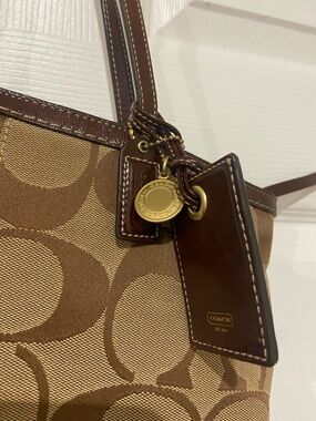 Coach Tan and Brown Signature Canvas Tote with Leather Accents